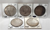 1881-O, ’86, ’88, ’89, ’90 Silver Dollars Unc.