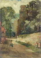 Antique Village Painting. Children Peacock Castle