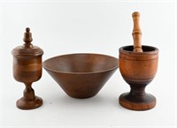 Selection of wooden carved items including