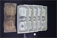 Currency Lot - 5 $1 Silver Certificates & 1 $1 Haw
