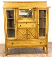 Vintage Oak & Glass Mirror Back Curio Cabinet