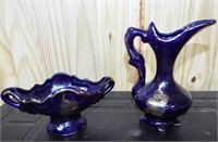 Cobalt blue with gold peacock small pitcher and
