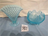 6" OPALASCENT HOBNAIL FAN VASE, BLUE FOOTED DISH