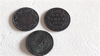 3 1800's Canada One Cent Coins