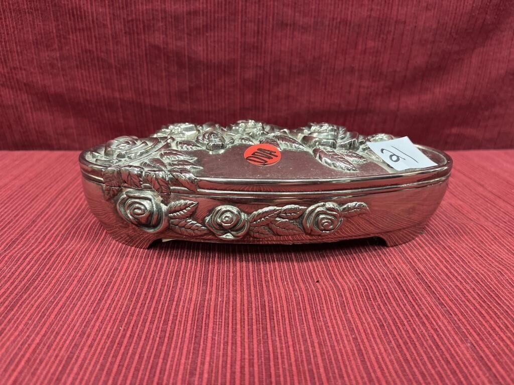 Silver plate, jewelry box velvet lined 8.5”l