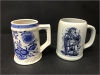 2 Blue & WHite tankard Mugs