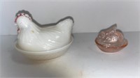 Milk glass hen on nest, small pink rabbit on nest