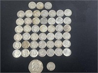 44 Roosevelt Silver dimes, one 1954 Franklin half