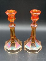 Carnival Glass Marigold Hex Base Candle Holders