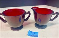 Vintage Ruby Red Glass Creamer and Sugar