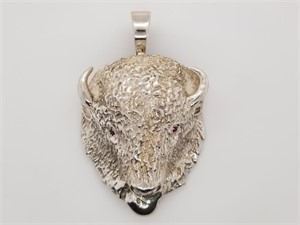 Large heavy Sterling silver buffalo head pendant,