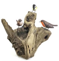 Carved Wood Birds On Stump Sculpture