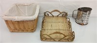 Wicker Basket tray and Vtg sifter