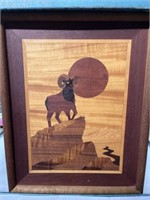 Framed Ram picture made of multiple types of wood