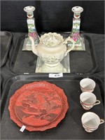 Japanese Tea Cups, Vases, Carved Plate.