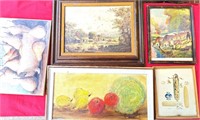 5 ASSORTED VINTAGE FRAMED PICTURES FRUIT COWS ETC