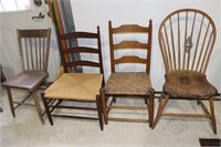 4 Antique Chairs - 1 Rush Bottom, 1 Windsor
