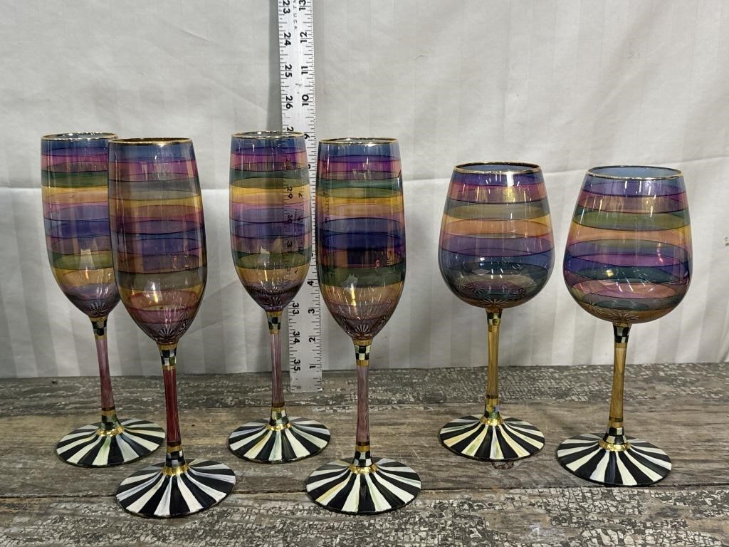 6 Mackenzie Childs stemware glasses - 4 Champagne