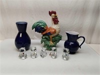 Fenton Glass Bears, Ceramic Rooster Pitcher Vase