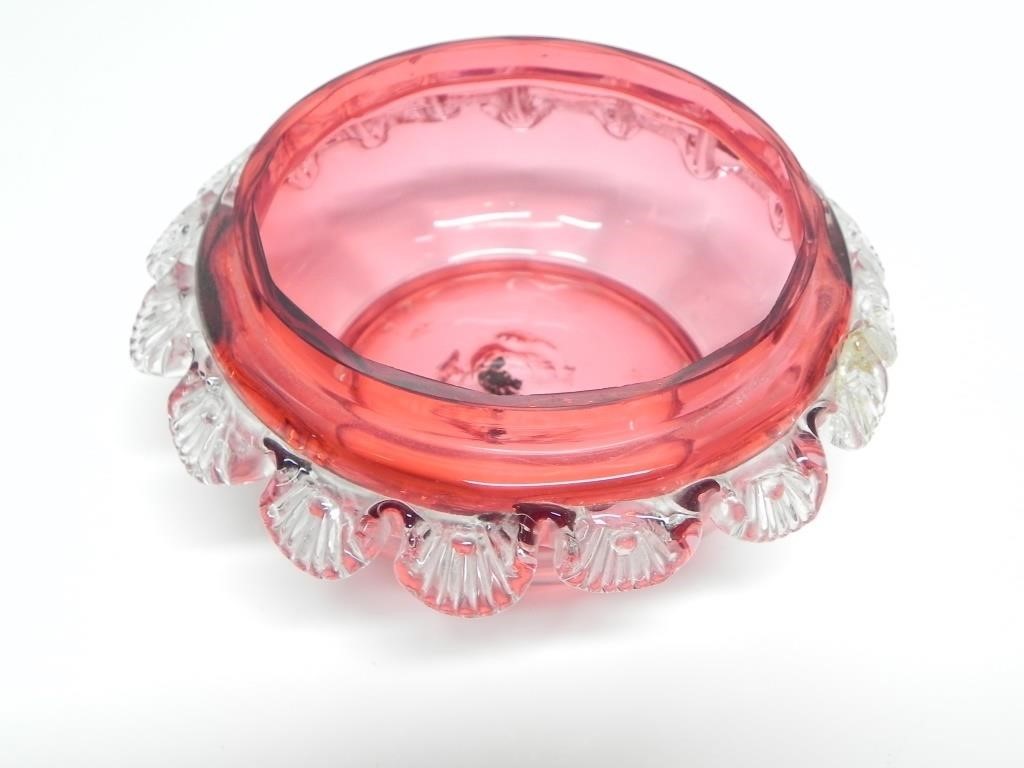 CRANBERRY GLASS BOWL W/ APPLIED RIGAREE-HAND BLOWN
