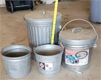 Galvanized buckets and trash cans.