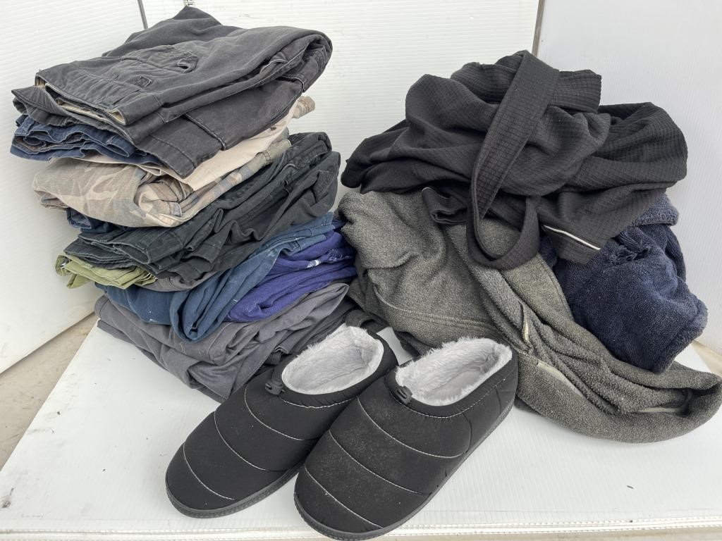 Lot of pants, bath robes, indoor shoes