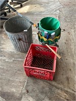 Trash can, milk crate, bucket