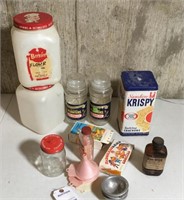 Plastic flour tub; Planters glass jar; Krispy
