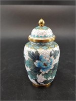 Cloisonné enamel brass lidded 4.25" urn