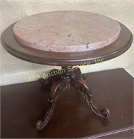 Wood side table with stone top, some wear, 19in