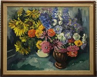 Oil On Canvas Still Life Of Flowers