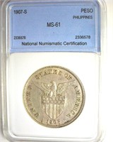 1907-S Peso NNC MS61 Philippines