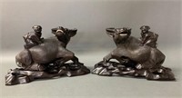 Pair Chinese Wood Carvings "Boy on Water Buffalo"