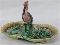 MAJOLICA DOUBLE LEAF DISH WITH STANDING STORK,