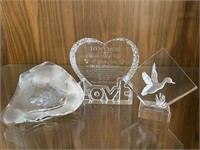 (3) etched glass sculptures fighting elk, duck,