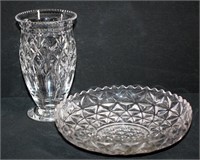 2 Pc Crystal Vase & Glass Dish