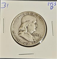 1953 D 90% Silver Franklin Half Dollar
