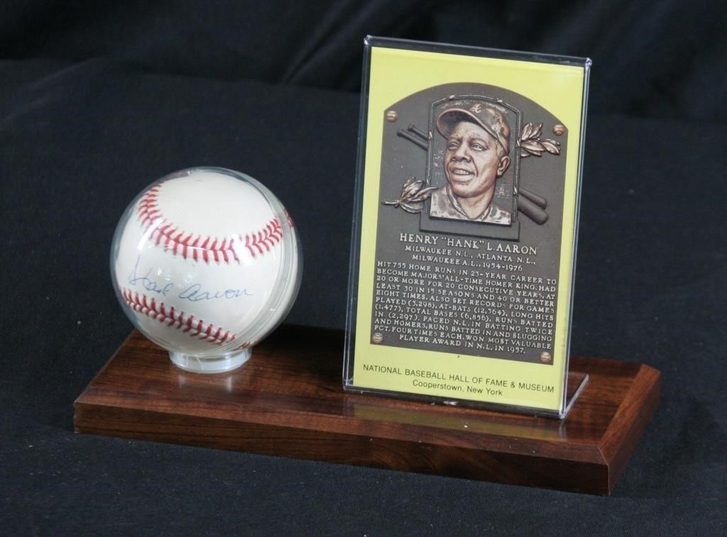 Hank Aaron Signed Baseball and Plaque