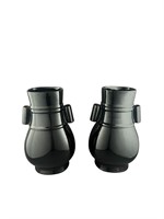 A Pair Of Black Ceramic Glazed Vases. See Photos