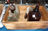 WOOD BOX WITH VARIOUS OLD BOTTLES