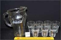 Coca-Cola pitcher w/ 7 matching glass cups