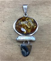 Large Silver Amber & Pearl & Stone Pendant