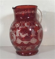 BOHEMIAN RUBY GLASS ETCHED PITCHER