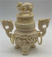 Hand carved ivory colored Foo Dog incense burner