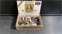 ASSORTED VINTAGE BUTTONS IN A WOODEN CIGAR BOX