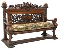 Exceptional Figural Carved Walnut Hall Bench