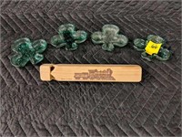 4 Clover Leaf Glass Dishes & Wooden Train Whistle