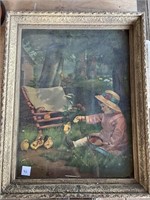 Antique Framed Lithograph c1890, Girl and Chicks