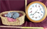 Decor Sleeping Cat In Basket & Bird Wall Clock