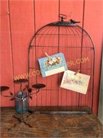 Metal birdcage and bird candlabra decor